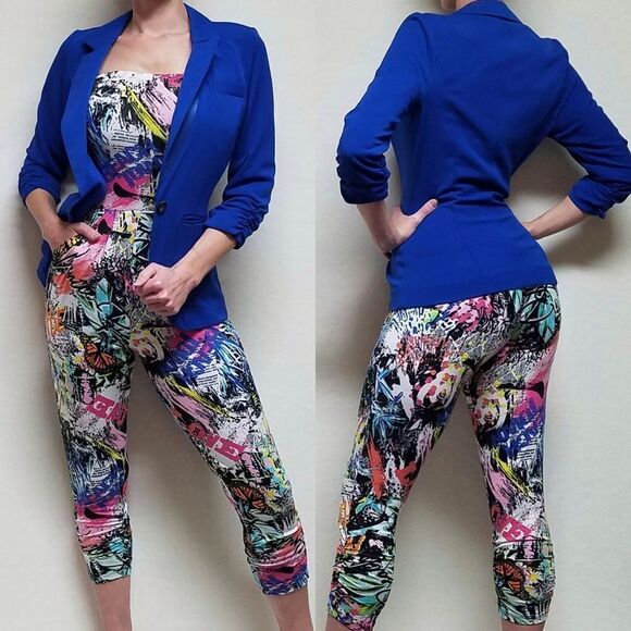 Maurices Electric Blue Fitted Blazer Retro Strapless Pocket Jumpsuit OOAK Outfit - Picture 1 of 16